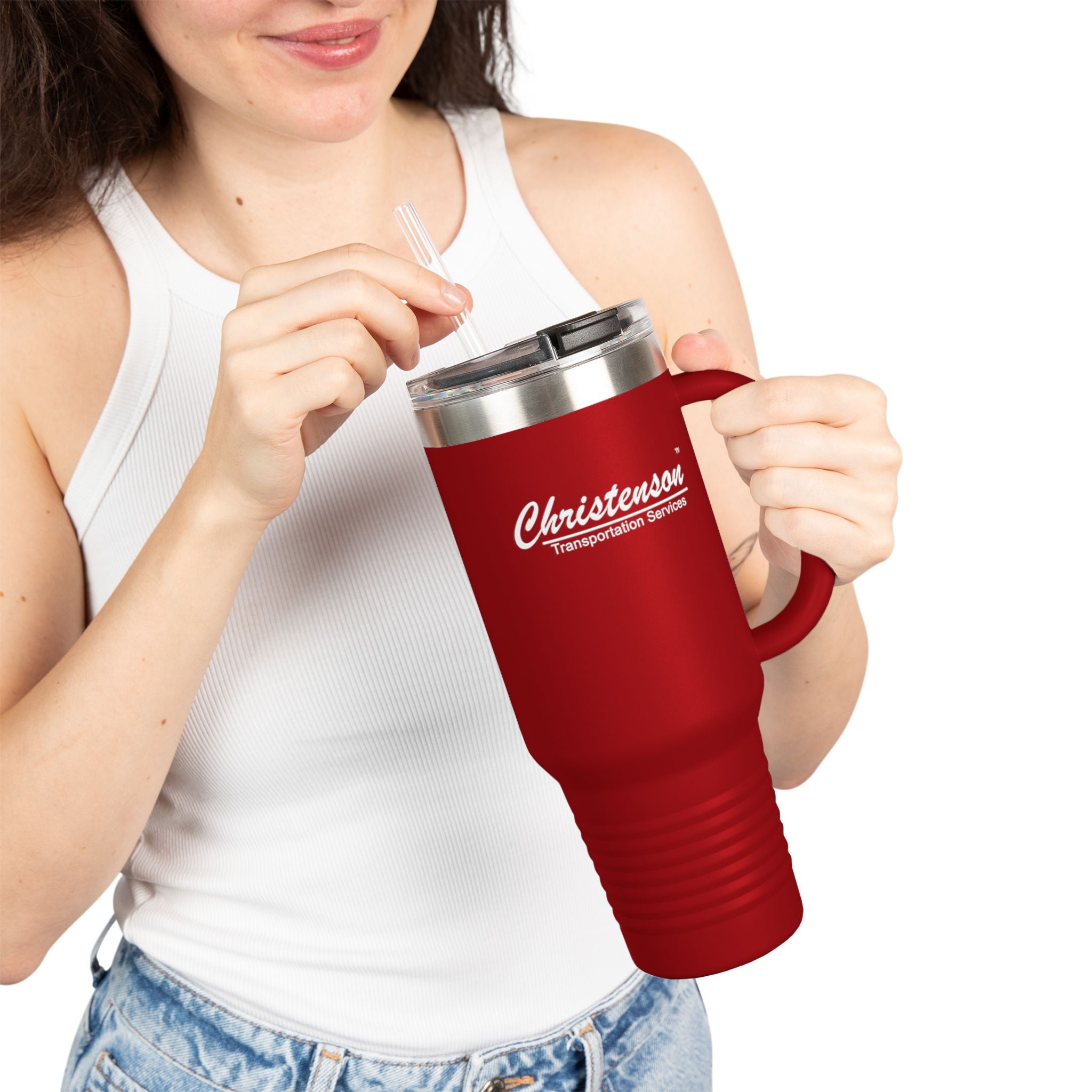 Personalized Insulated Travel Mug - 40oz Red with Handle for Coffee and Beverages